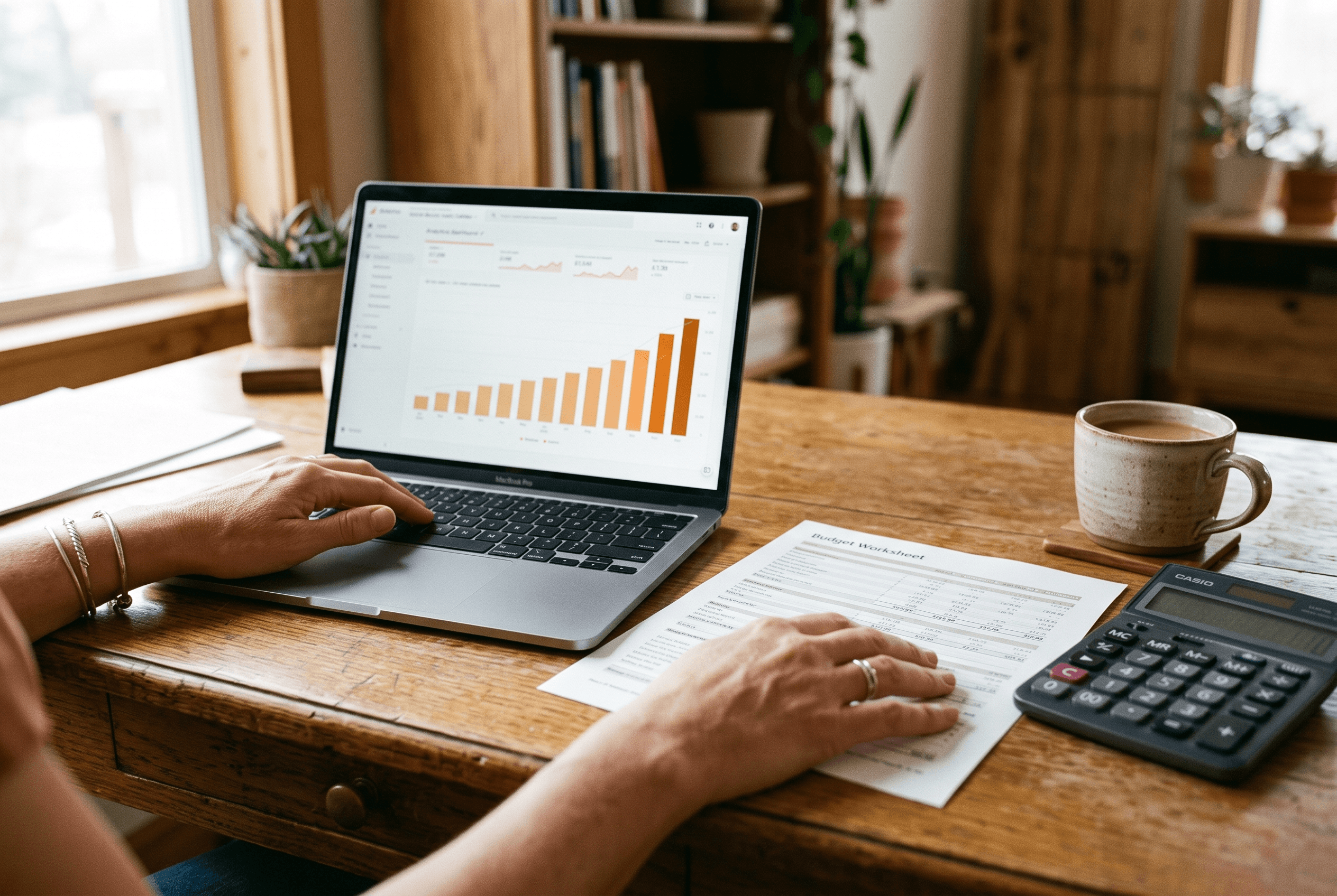Hands comparing rising cost-per-click figures on a laptop analytics screen beside a printed ad budget worksheet and calculator on a wooden desk