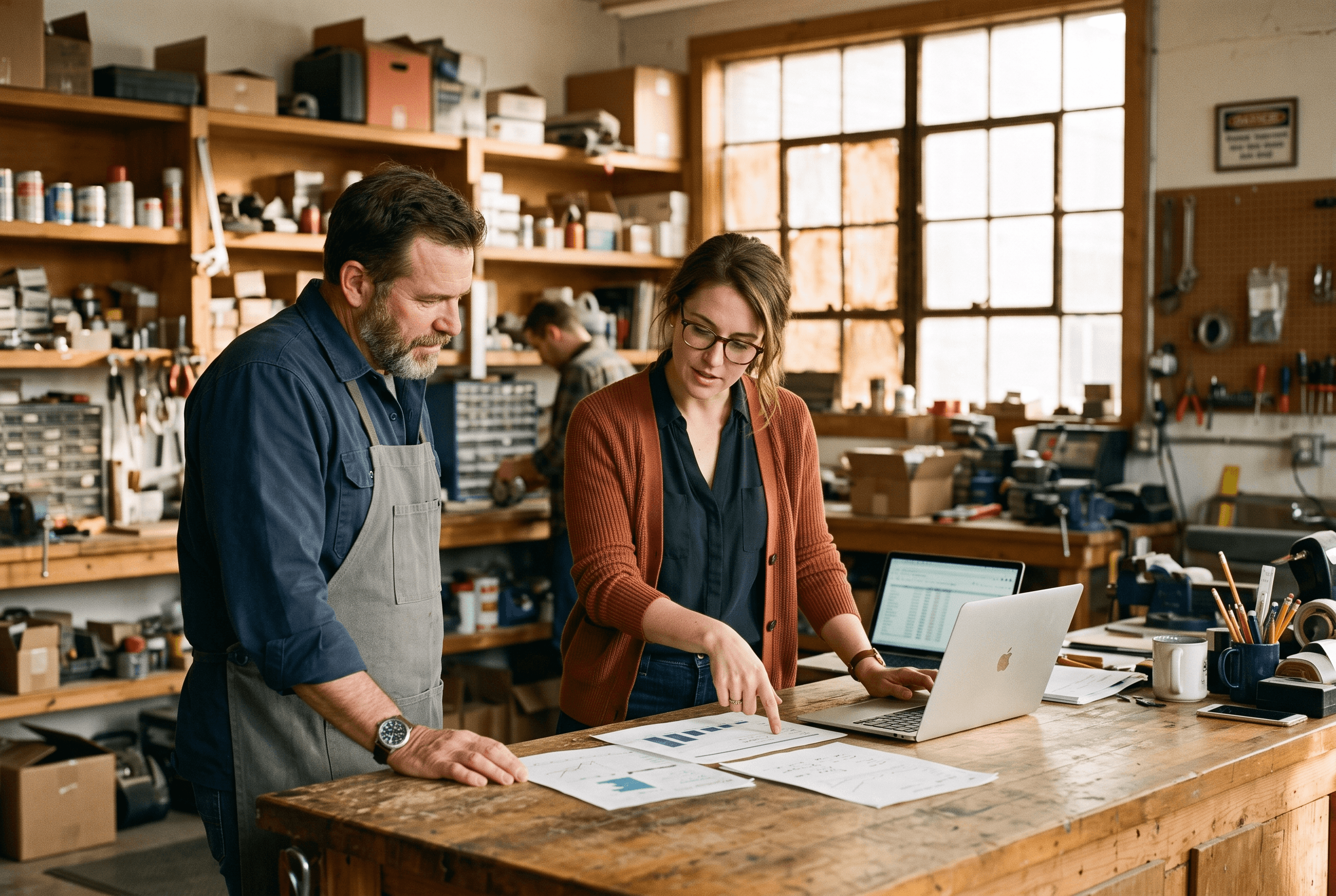 Small business owner and marketing consultant weighing Google Ads budget decisions over printed charts at a workshop counter in warm light