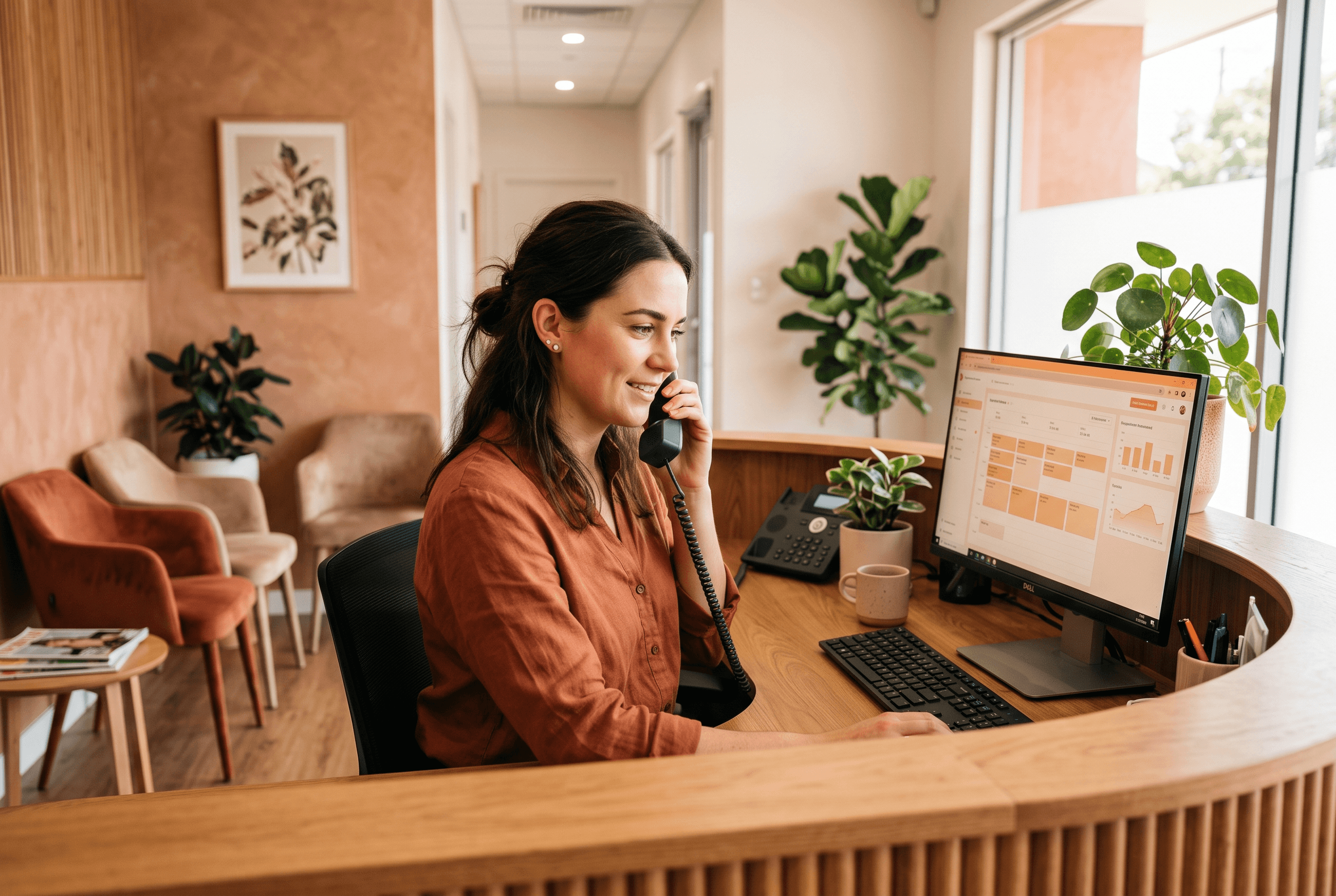 Dental office front-desk staff checking lead tracking on a computer between patient calls, phone in hand in a bright modern reception area