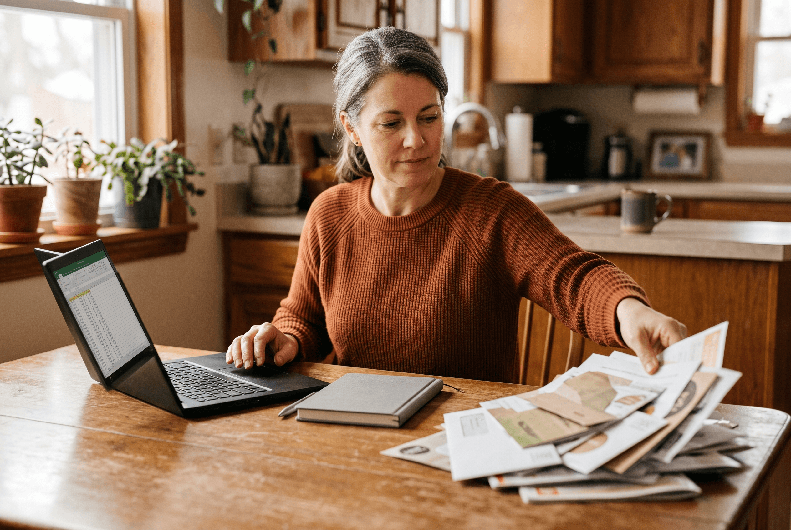 A business owner declining a stack of junk-mail marketing flyers at a kitchen-table home office in warm natural light