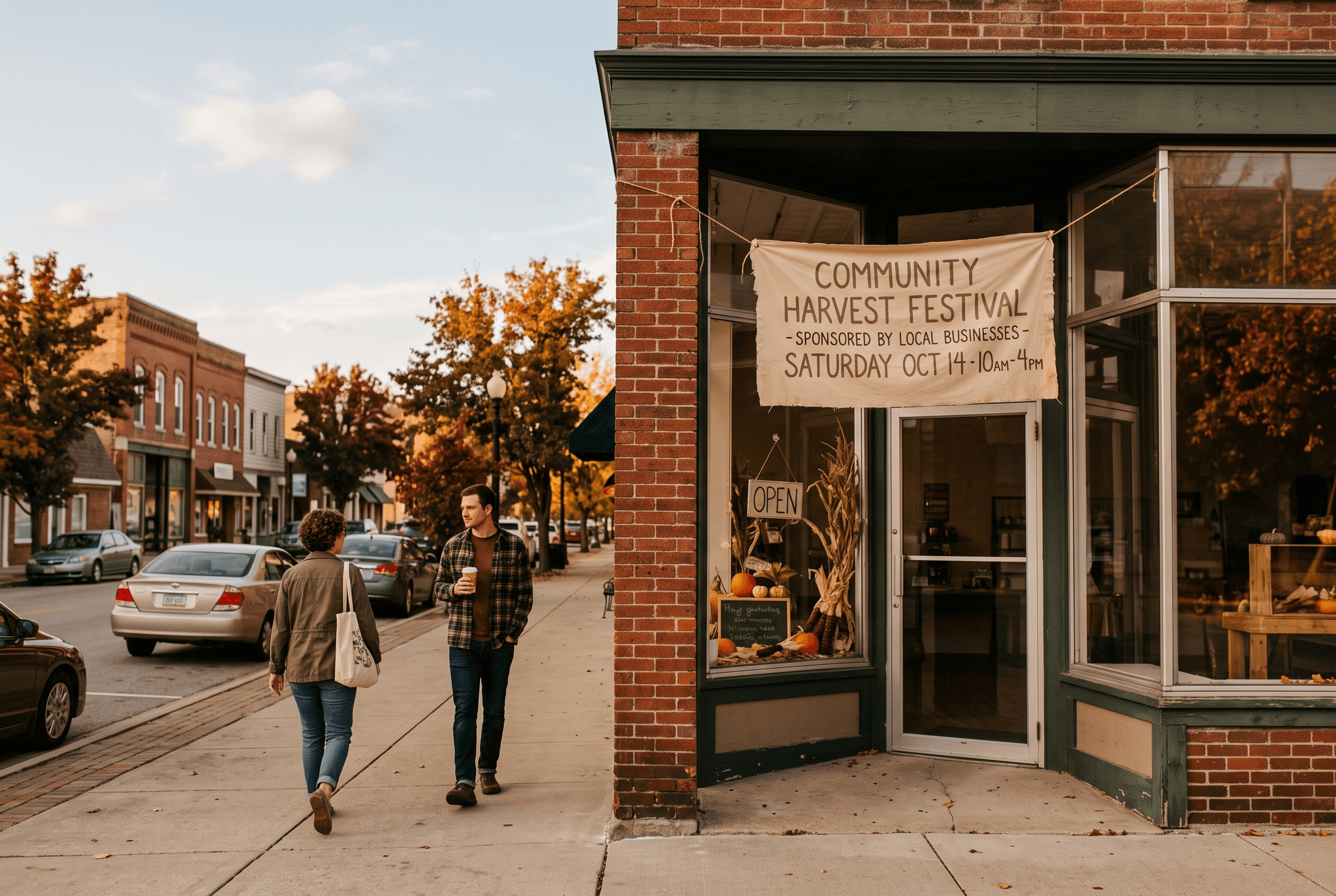 Exterior of a Fort Wayne main-street storefront with a community event sponsor banner on a warm autumn afternoon