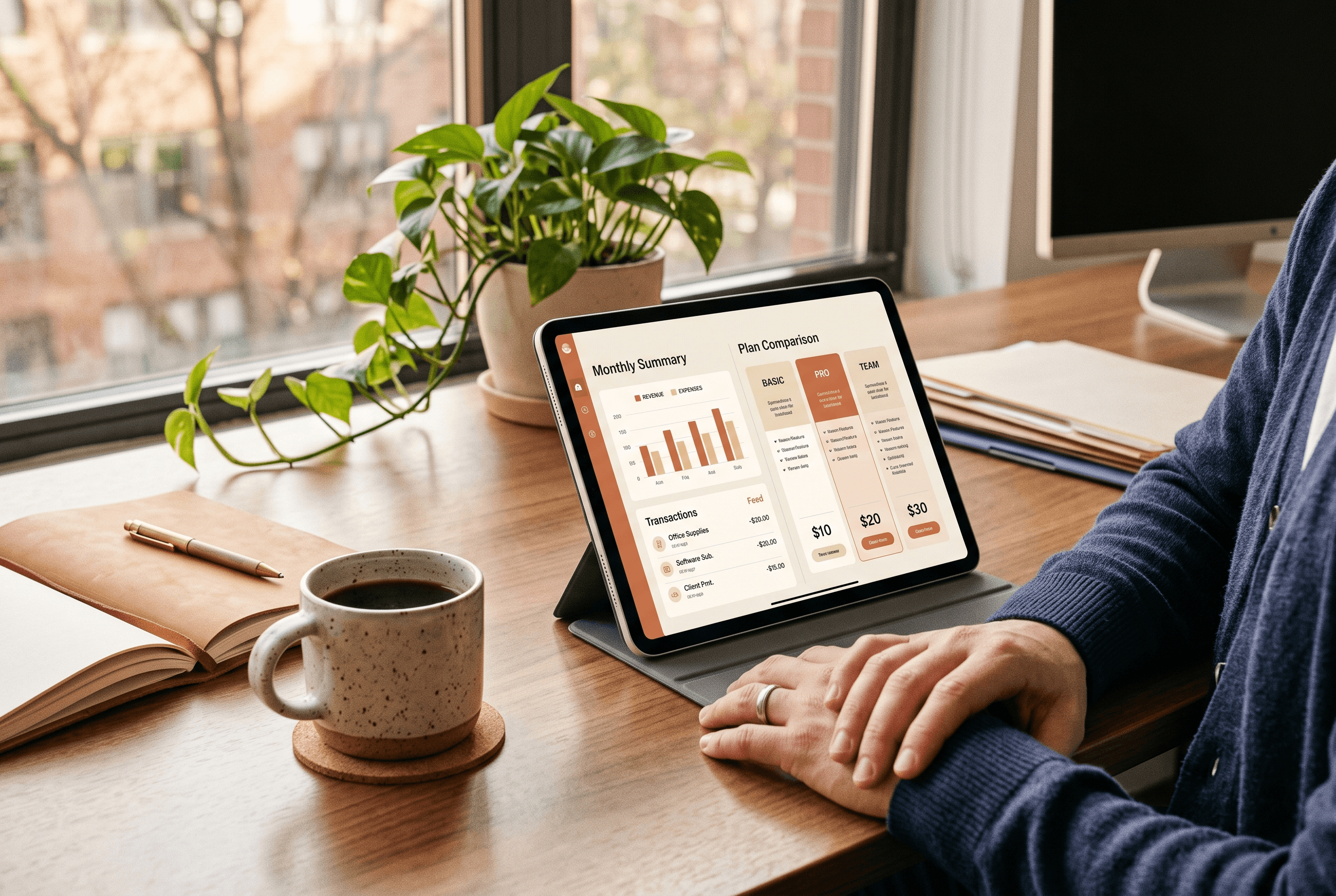 Close view of a tablet on a small business desk displaying QuickBooks-style subscription pricing tiers and an accounting summary in warm-toned charts