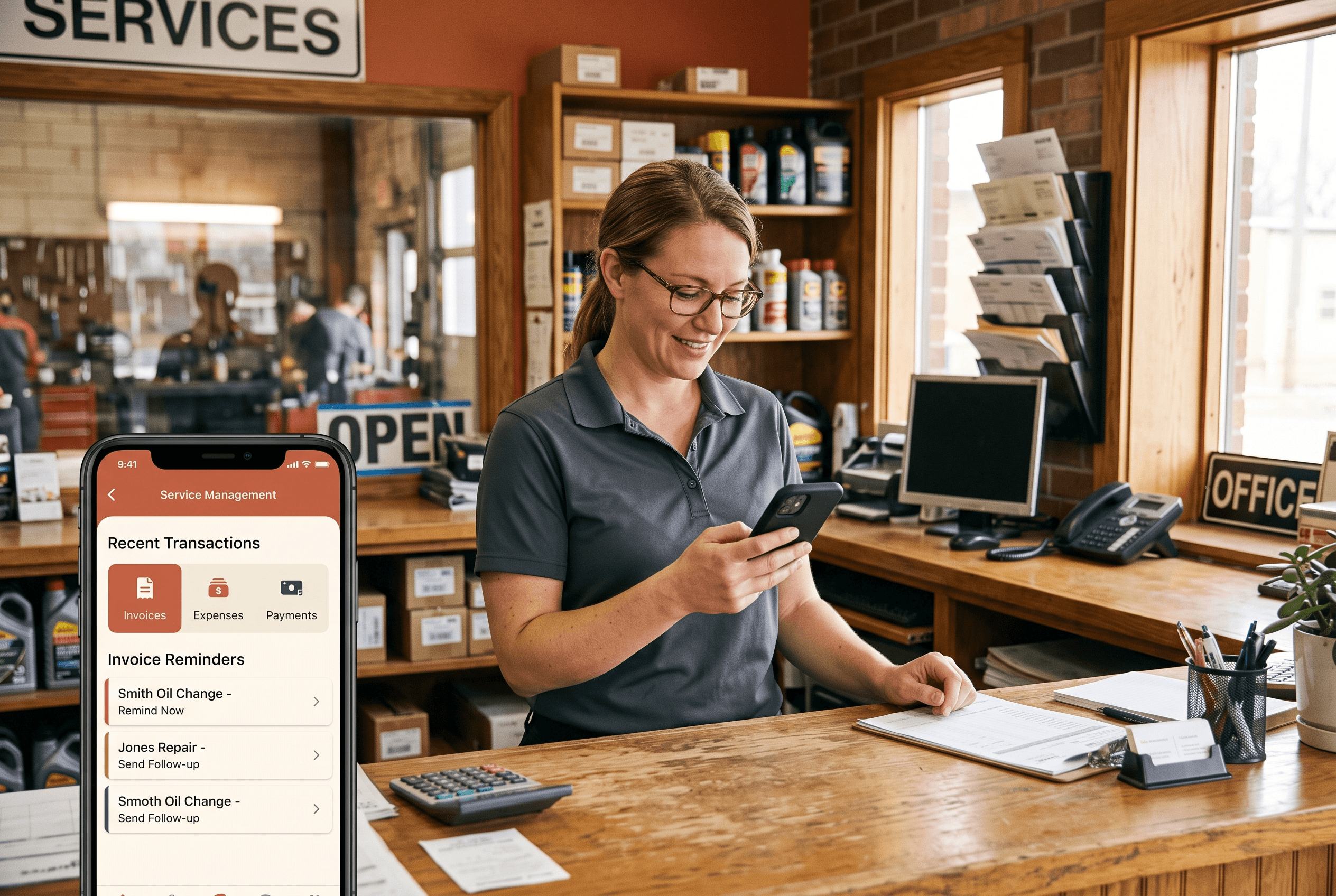 Front-desk staff at a small Fort Wayne service business reviewing categorized transactions and invoice reminders on a phone at the counter