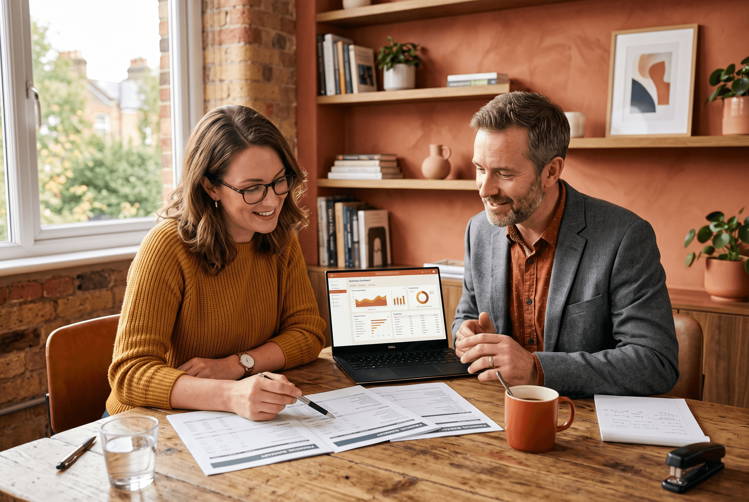 A small business owner and an accountant reviewing printed financial statements and a laptop together at a table, discussing the numbers