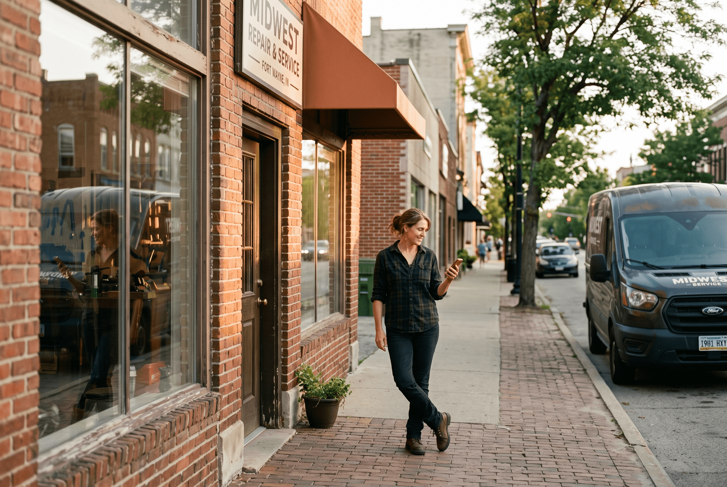 A local service business owner standing outside a storefront checking a phone that shows a website page loading, illustrating AI crawler access