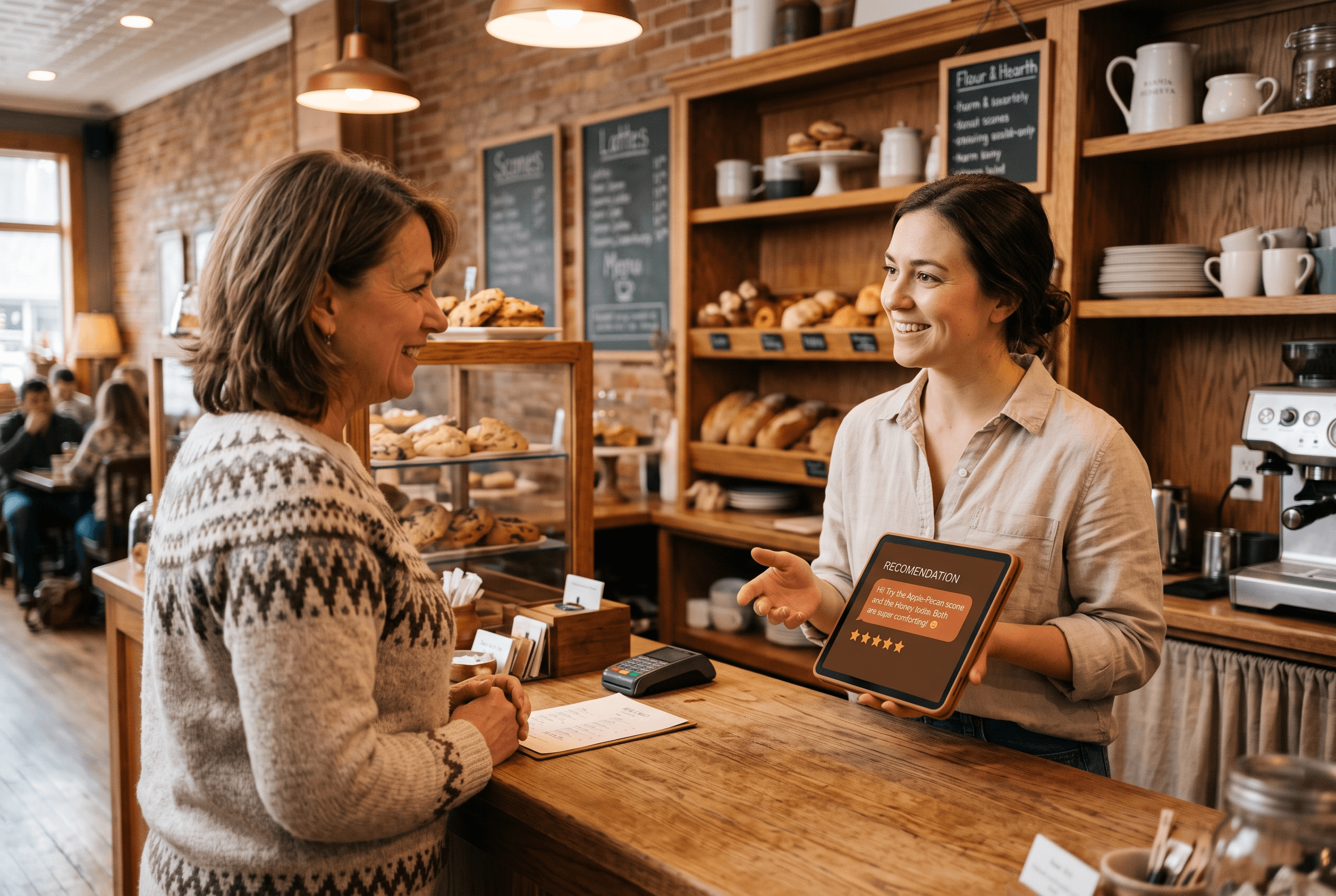 Front-desk staff at a restaurant counter holding a tablet showing an AI chat recommending a local business, warm daylight