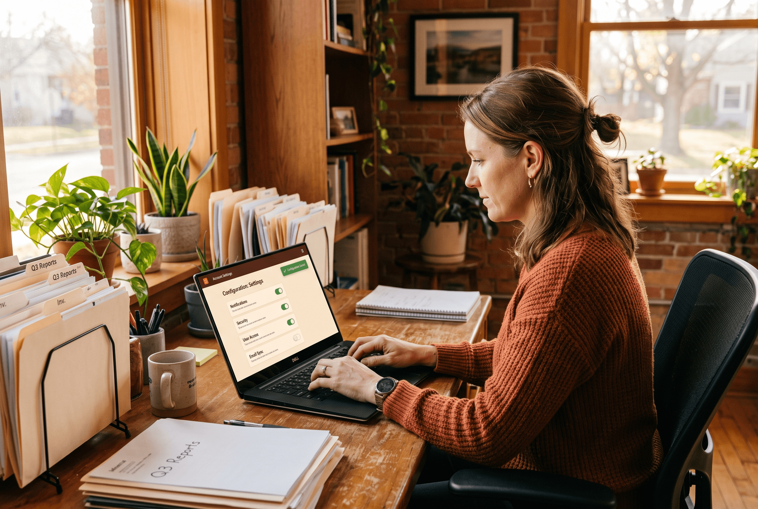 A small business owner in a modest office reviewing website crawler and search visibility settings on a laptop to avoid blocking Googlebot