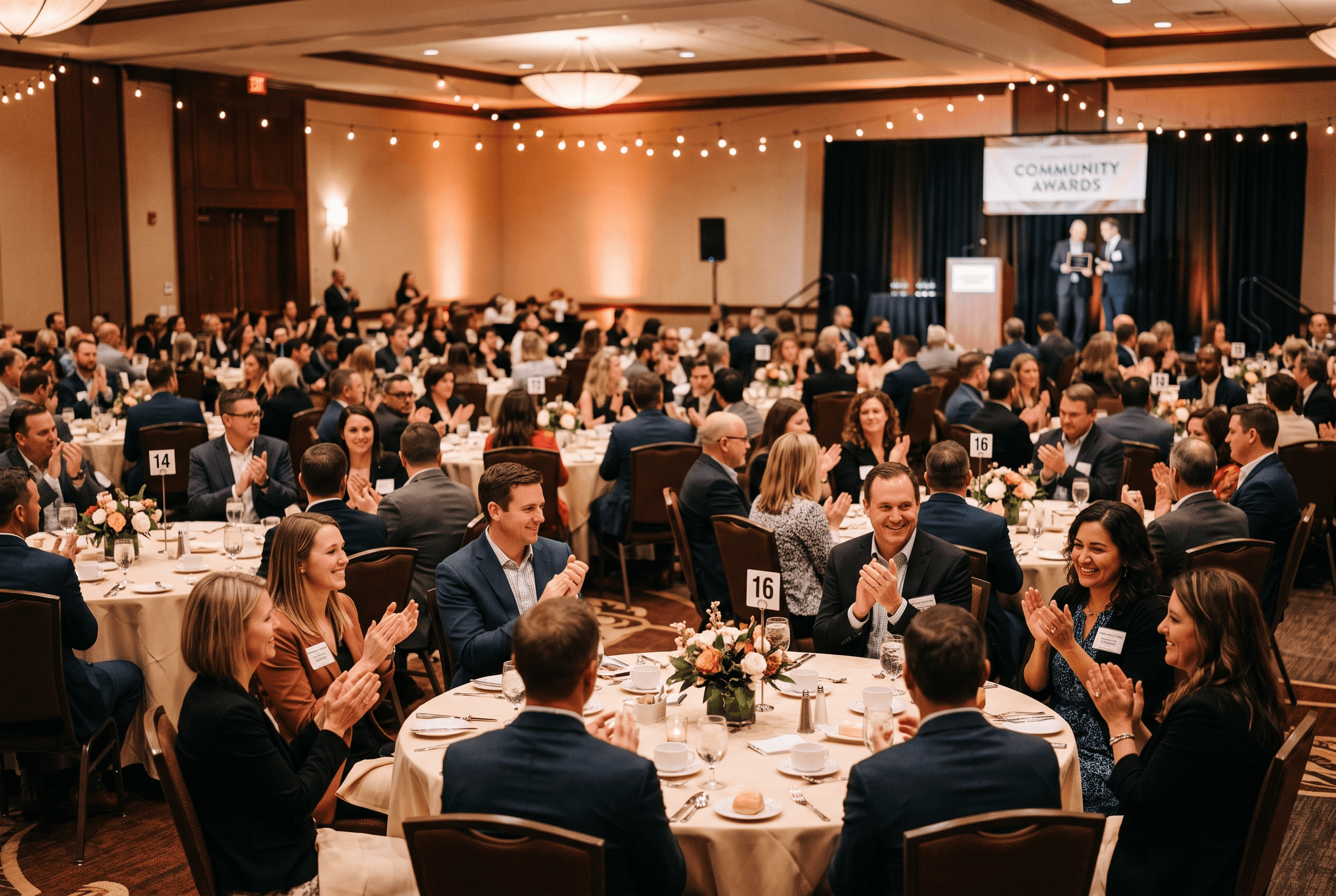 Business leaders applauding at a sold-out Fort Wayne chamber annual meeting and awards celebration in warm light
