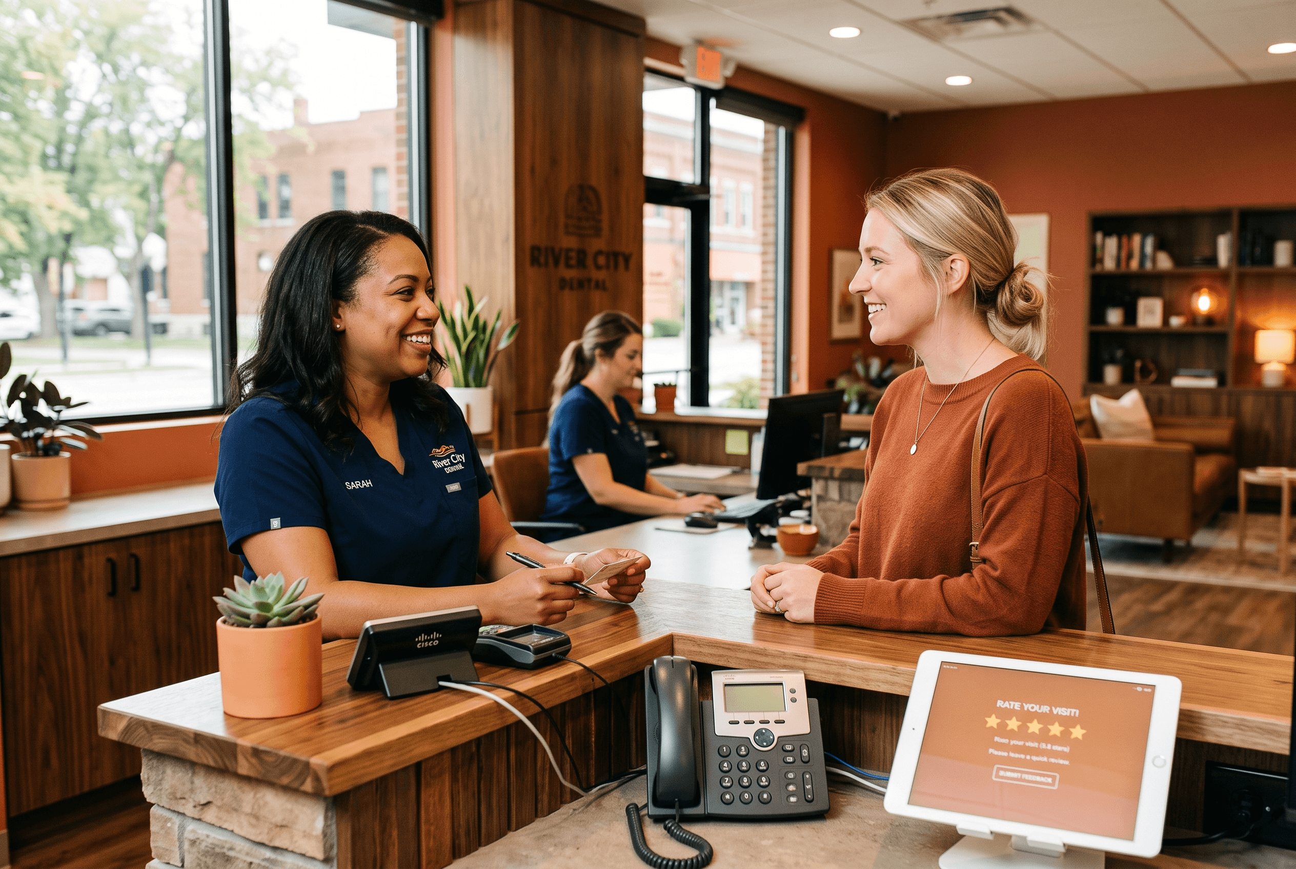 Front-desk staff at a Fort Wayne dental office greeting a customer beside a phone showing a five-star review request
