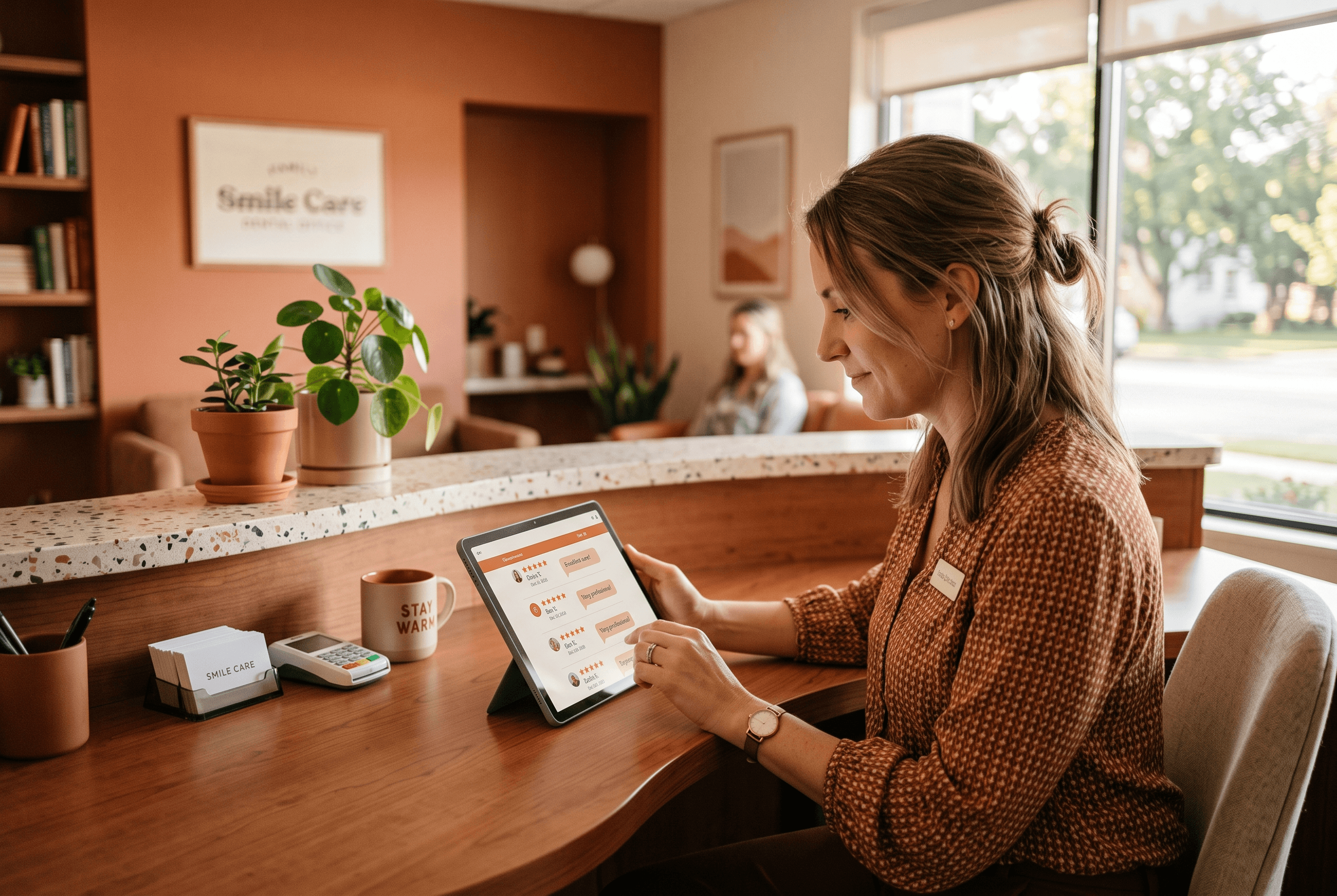 Front-desk staff member at a small dental office replying to customer reviews on a tablet showing star ratings and chat bubbles in warm accented UI