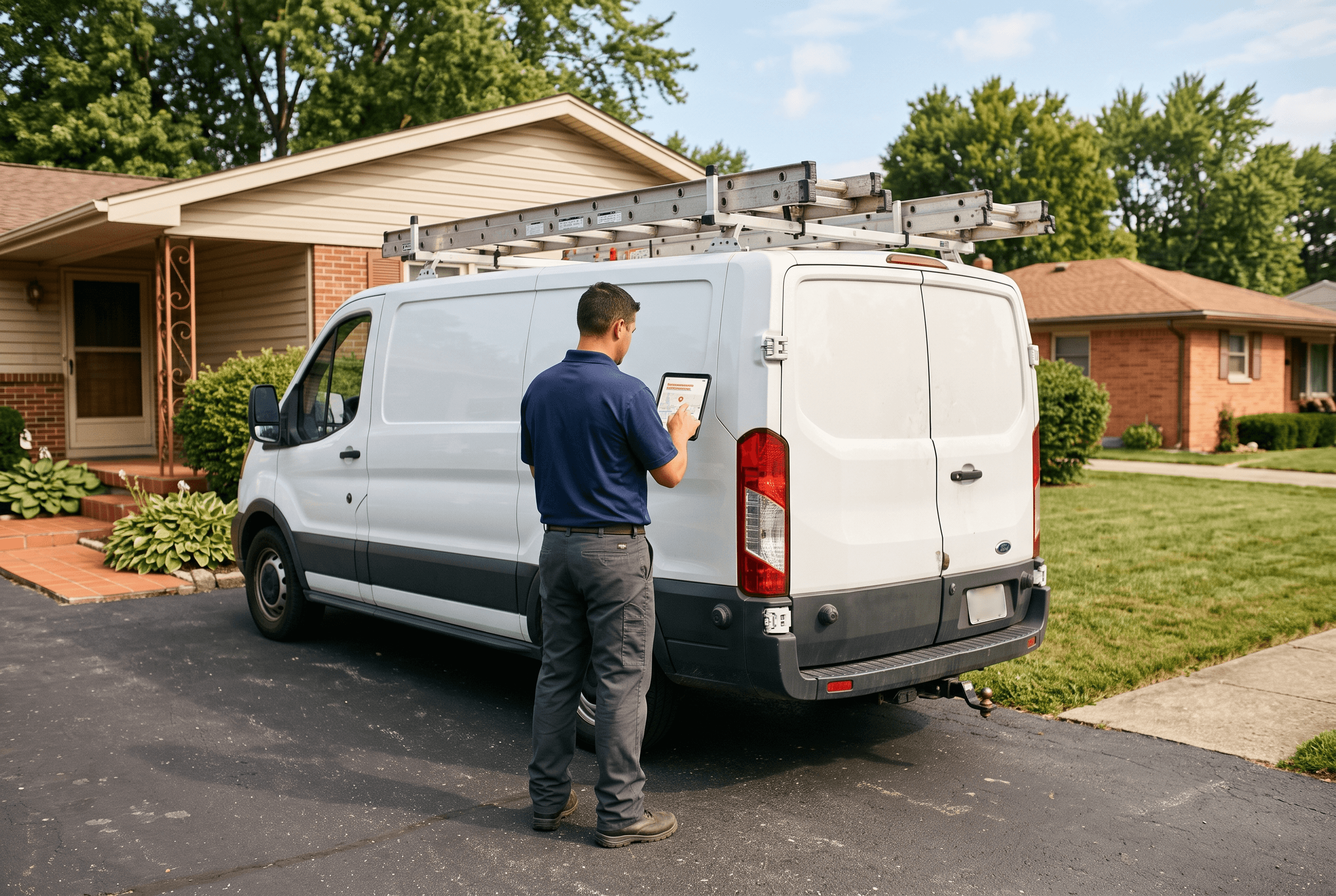 Service technician beside a work van in a Fort Wayne residential driveway confirming an appointment on a tablet with a map pin and booking screen
