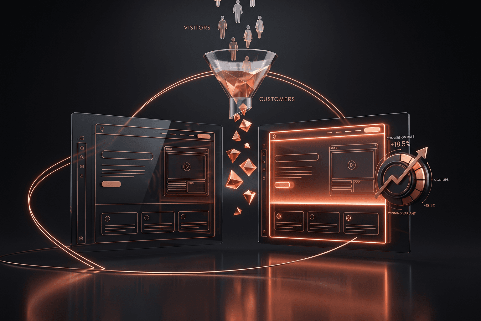Fort Wayne conversion rate optimization — dark copper brand render of funnel testing and analytics turning visitors into customers across Fort Wayne and Northeast Indiana