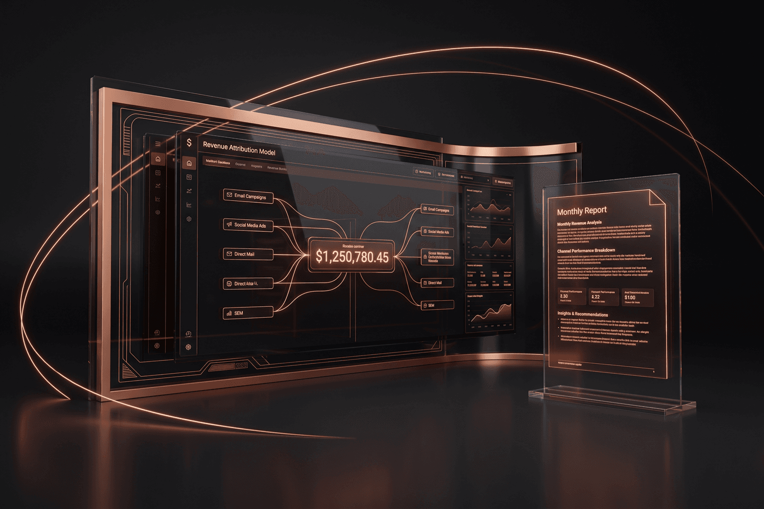 Marketing analytics and ROI reporting Fort Wayne — dark copper brand render of performance dashboards proving marketing return for Northeast Indiana businesses