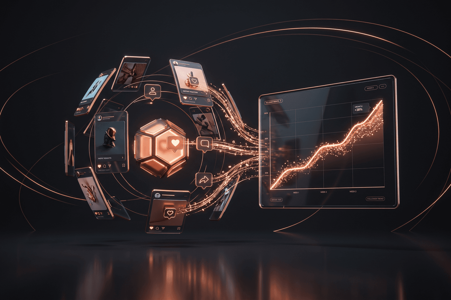 Fort Wayne social media marketing — dark copper brand render of content creation, community engagement, and paid social growth for Fort Wayne and Northeast Indiana brands