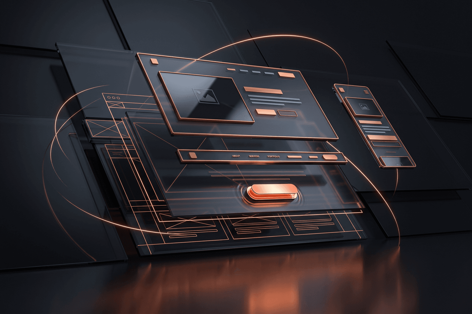 Fort Wayne web design — dark copper brand render of layered responsive website layouts and UI craftsmanship for Fort Wayne and Northeast Indiana businesses