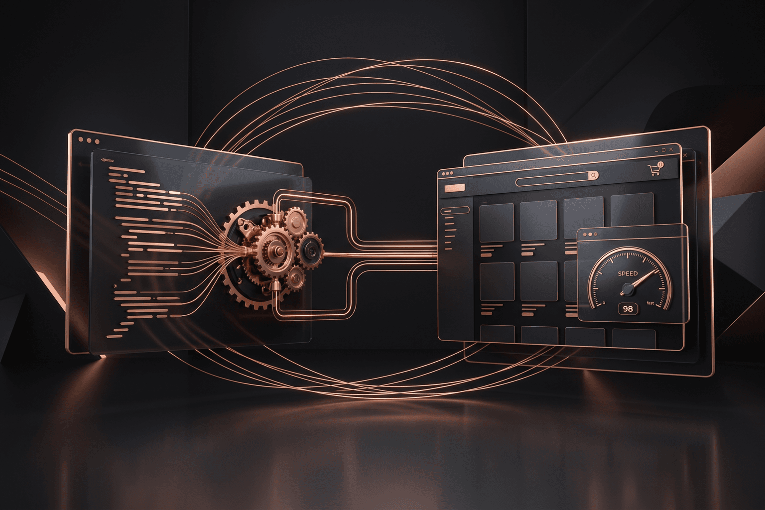 Fort Wayne web development — dark copper brand render of modern Next.js and React application architecture engineered for Fort Wayne and Northeast Indiana businesses